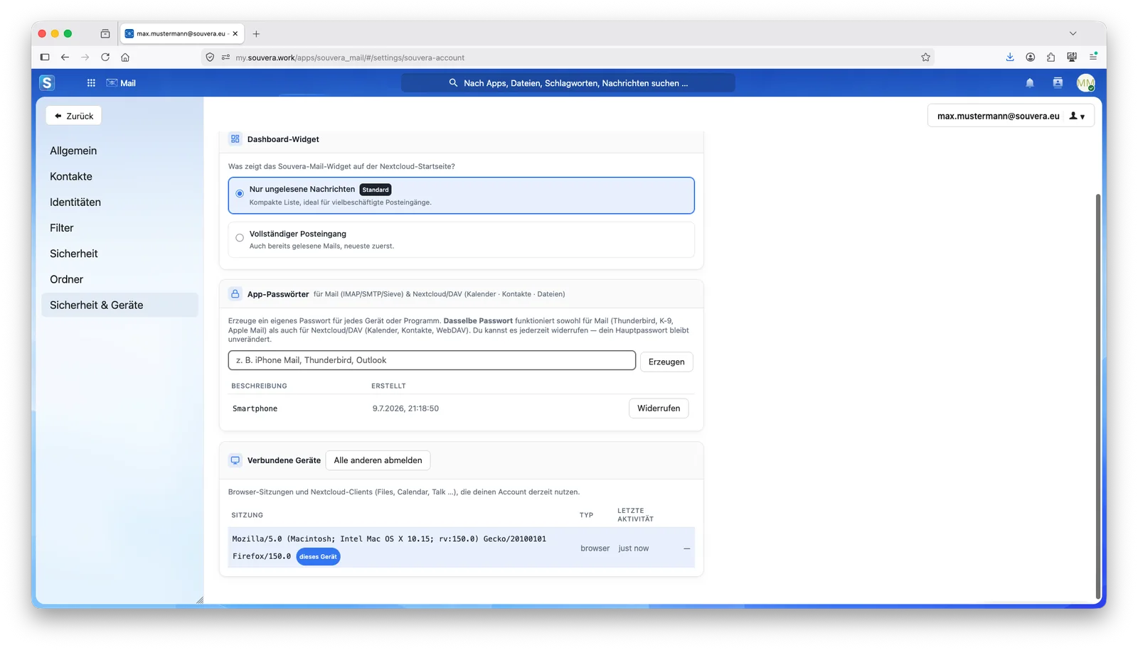 Sicherheit und Geräte in Souvera Mail