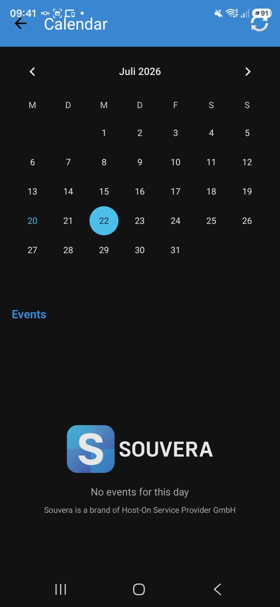 Souvera Workspace Kalender auf Android im Dark Mode